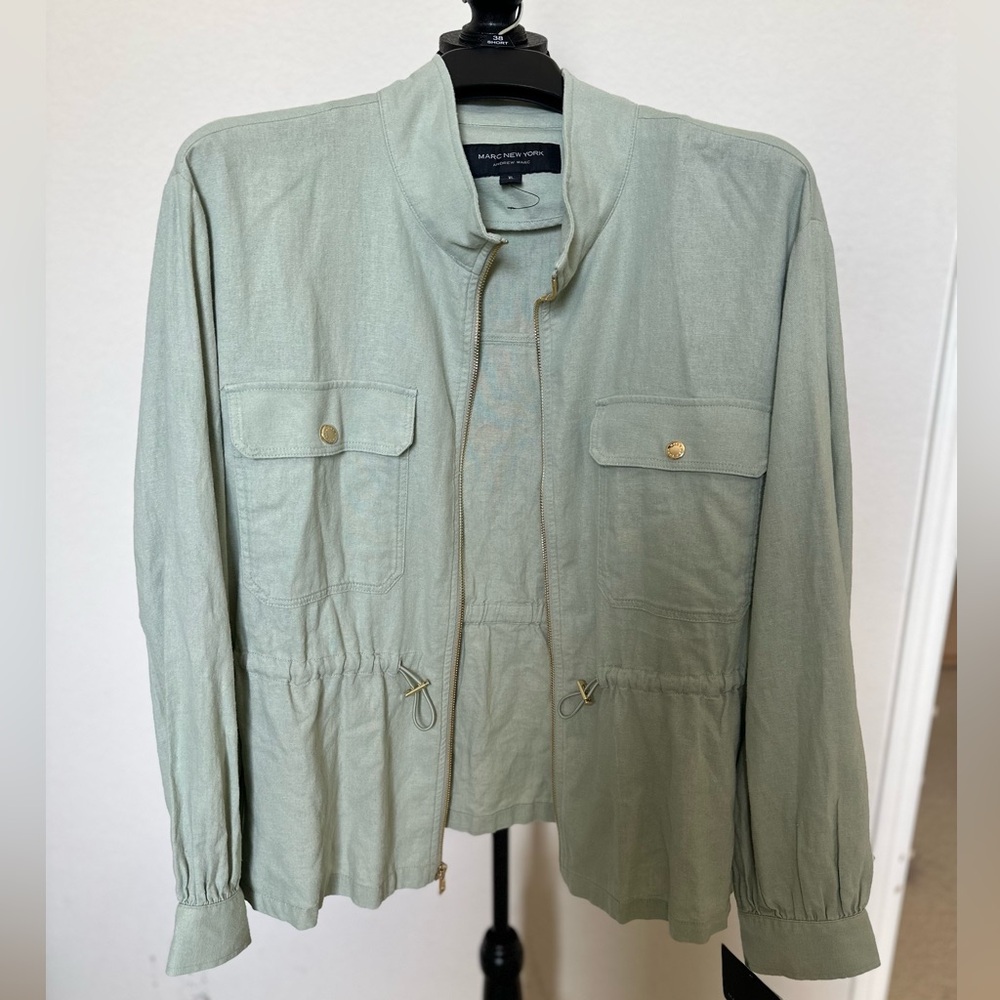 Andrew Marc Women's Green 100% Linen Full Zip Jacket Long Sleeves Pockets XL.NWT
